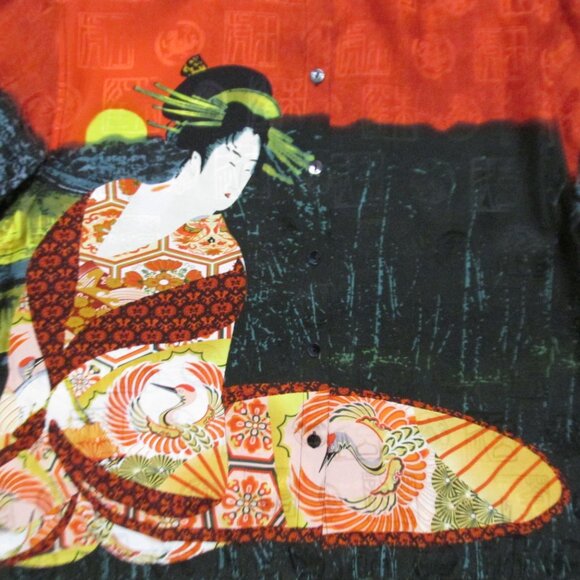 CHICOS Womens L Button Front Silk Top Japanese Geisha Girl Print Size L/12 - Picture 5 of 10